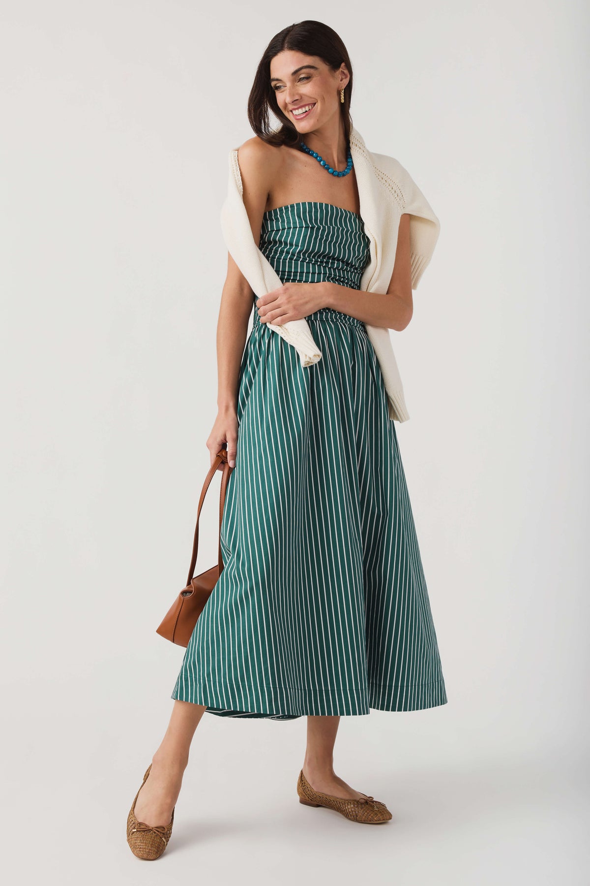 Hunter green striped strapless midi dress with gathered bodice and full skirt