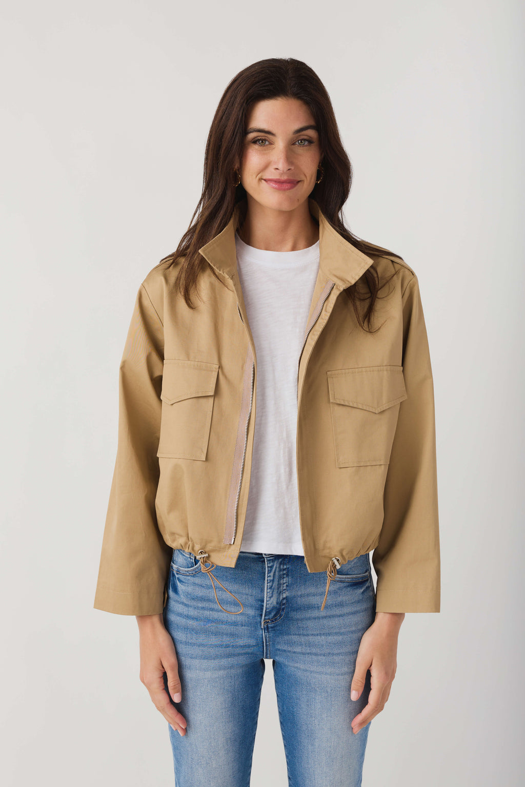 Khaki beige utility short jacket with flap chest pockets and short zipper front