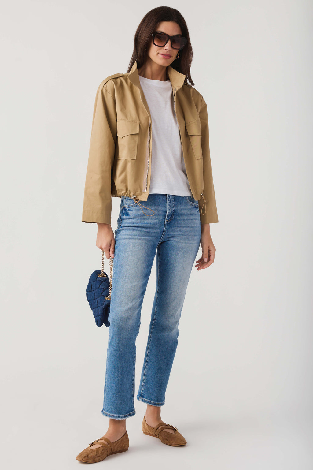 Khaki beige utility short jacket with button front, flap pockets, stand collar