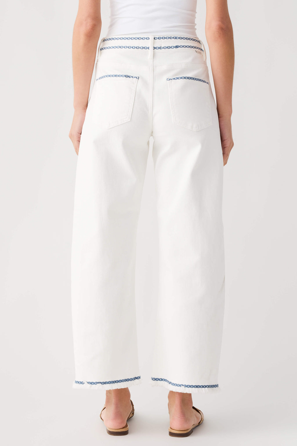 Cream embroidered cropped barrel jeans, back view, with blue trim and pockets