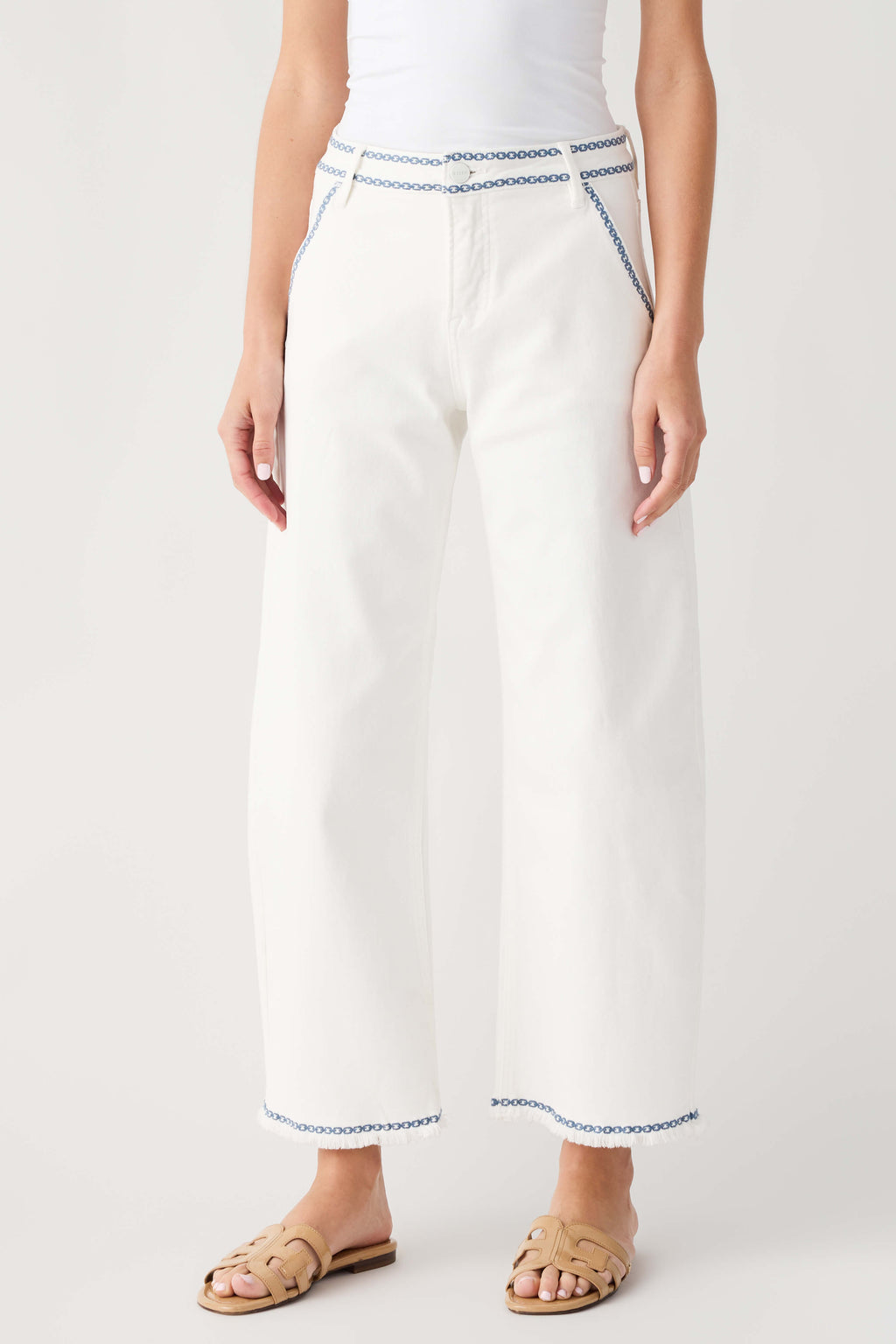 Cream embroidered cropped barrel jeans with blue trim at waistband and cuffs