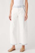 Cream embroidered cropped barrel jeans with blue trim at waistband and cuffs
