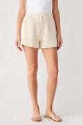 Ivory crochet shorts with drawstring waist and scalloped hem