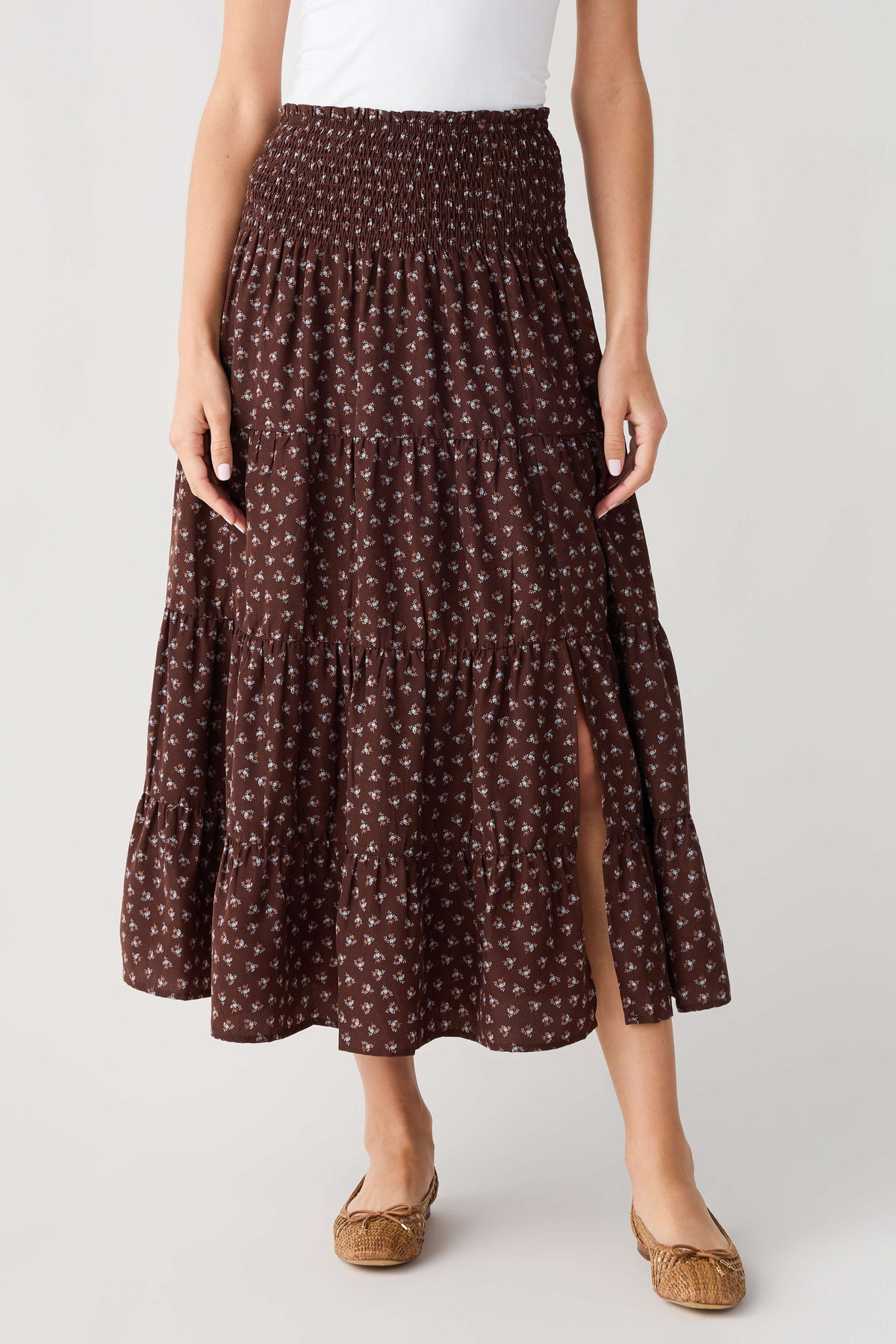 Smocked-waist floral midi skirt in espresso brown, gathered tiered hem