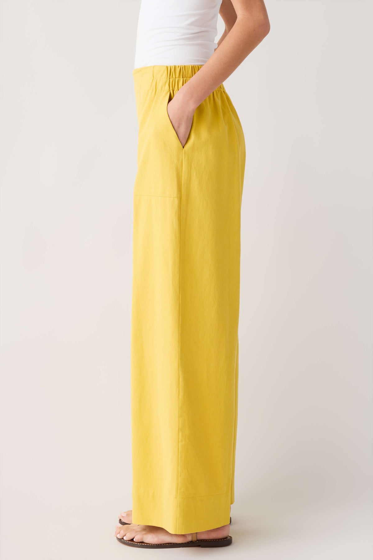 Mustard yellow wide-leg pull-on pants, elastic waist