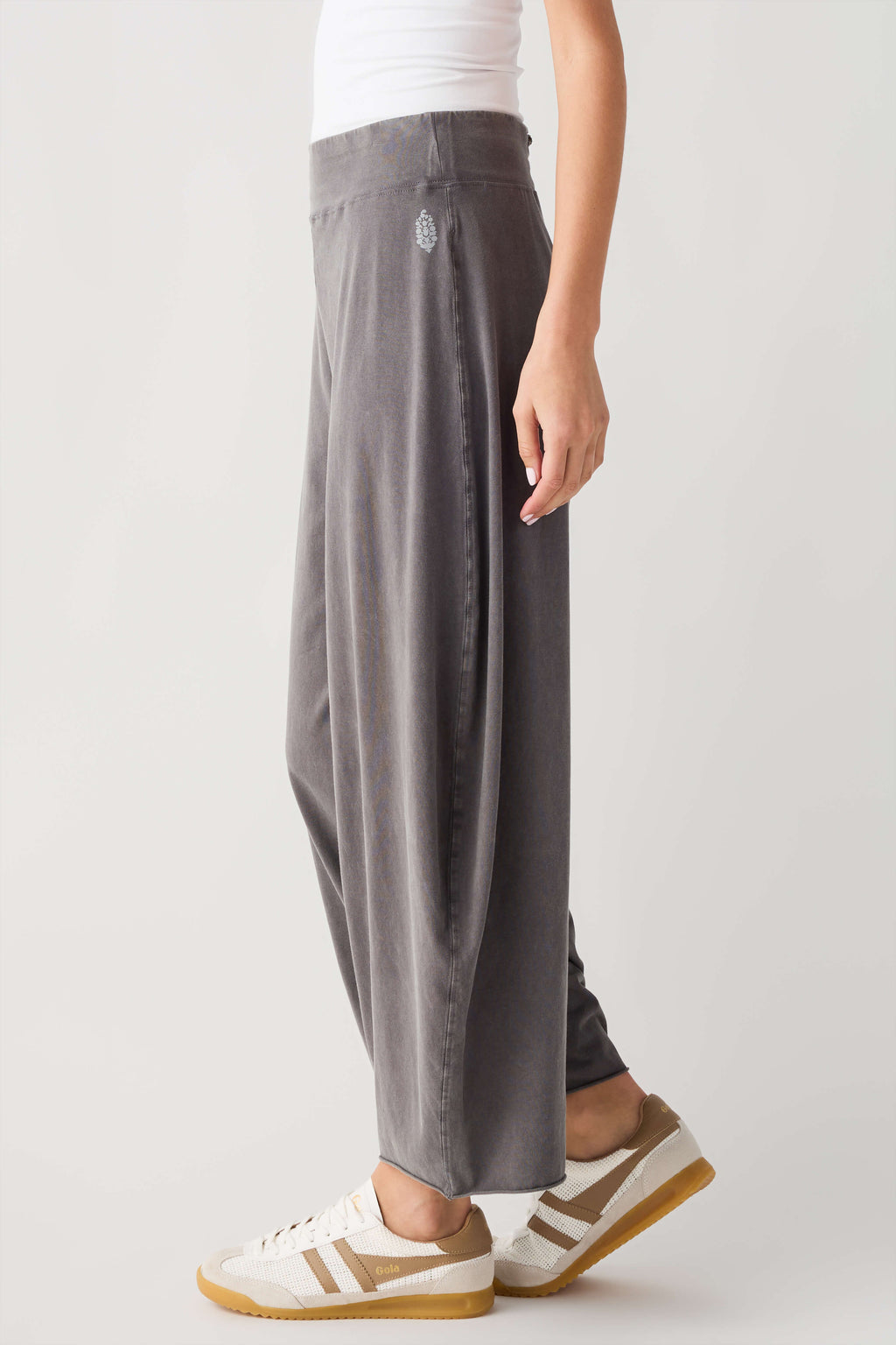 Women’s dark gray wide-leg easy pants, full length view with elastic waistband