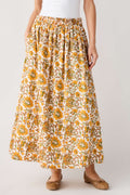 Floral print maxi skirt in yellow green with elastic waistband and gathered silhouette