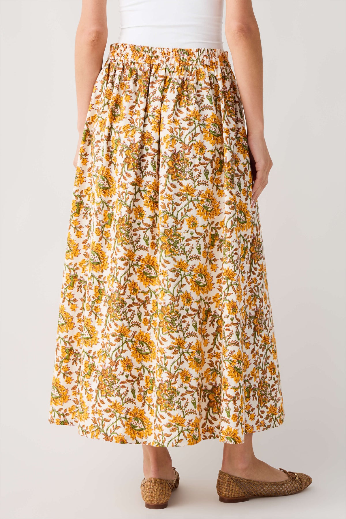 Floral print maxi skirt with elastic waistband in yellow green and orange blooms