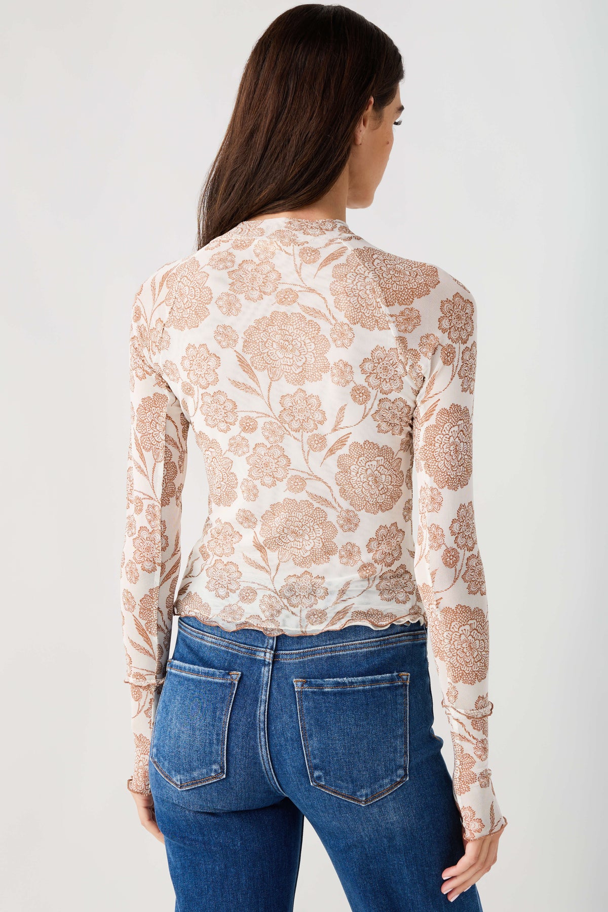Cream floral mesh mock neck top back view, long sheer sleeves with full print.