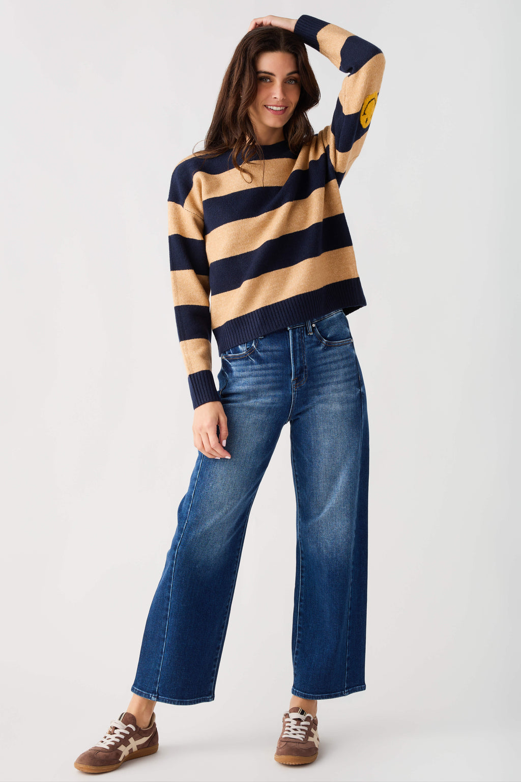Striped smiley face sweater, navy and camel horizontal stripes with crew neck and long sleeves