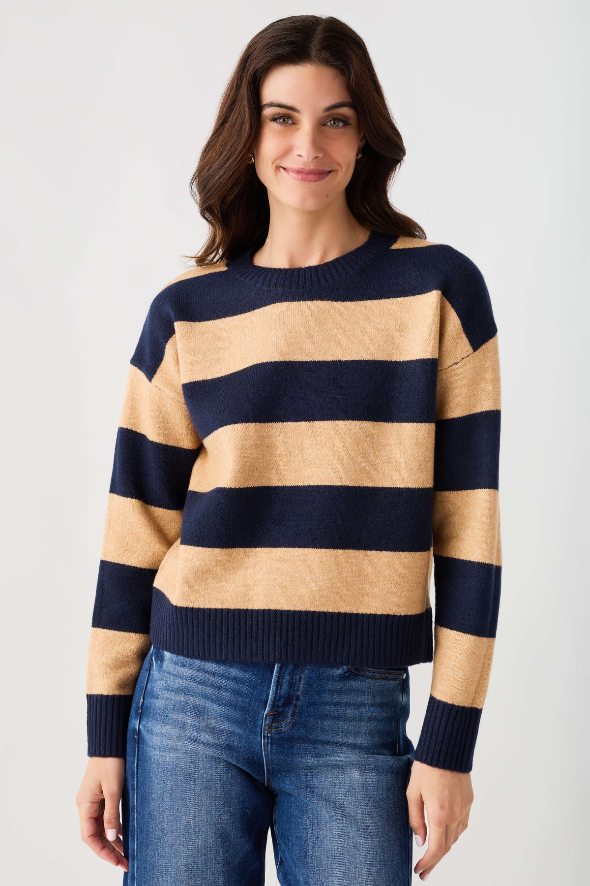 Navy and camel striped sweater with smiley face detail, crew neck knit long sleeve