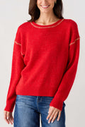 Red crewneck sweater with contrast stitch neckline and sleeve details
