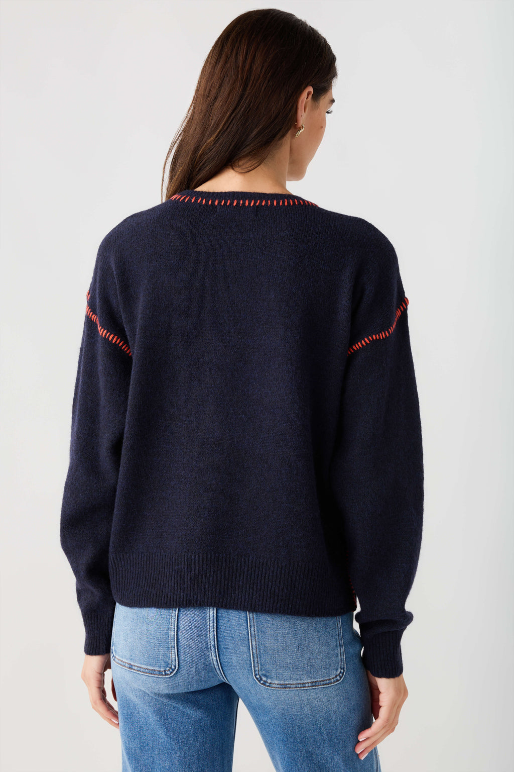 Navy contrast-stitch knit sweater, crew neck with red detailing