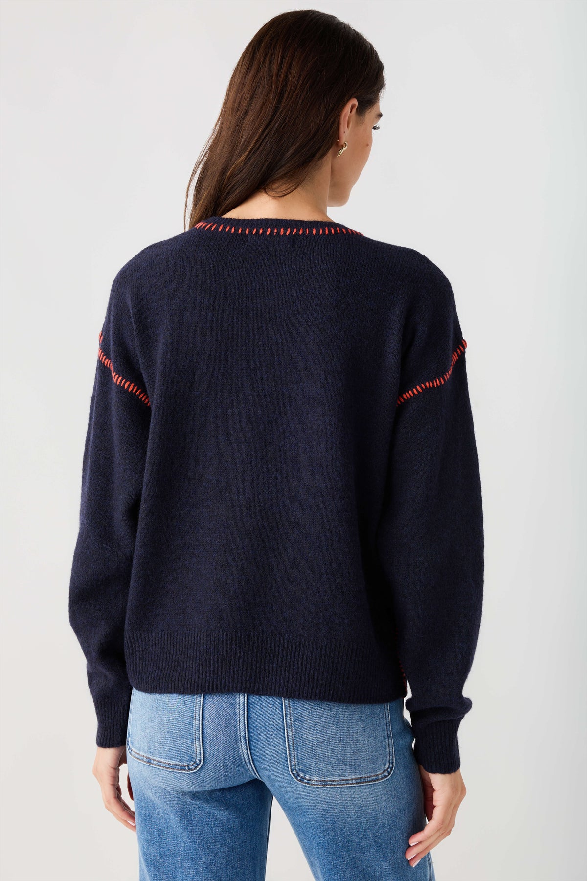 Navy contrast-stitch knit sweater, crew neck with red detailing