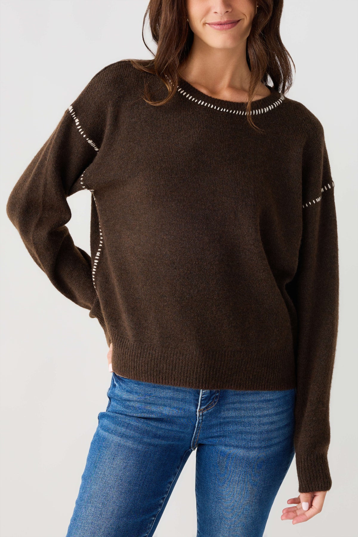 Brown contrast-stitch knit sweater, crew neck with cream stitch accents