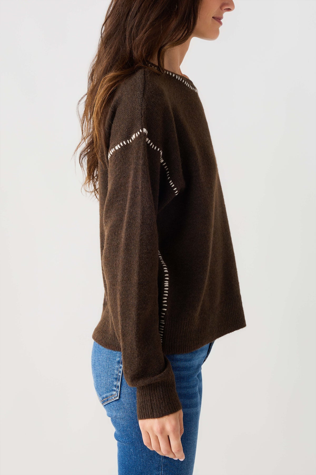 Brown crewneck sweater with contrast stitch on cuffs and shoulders