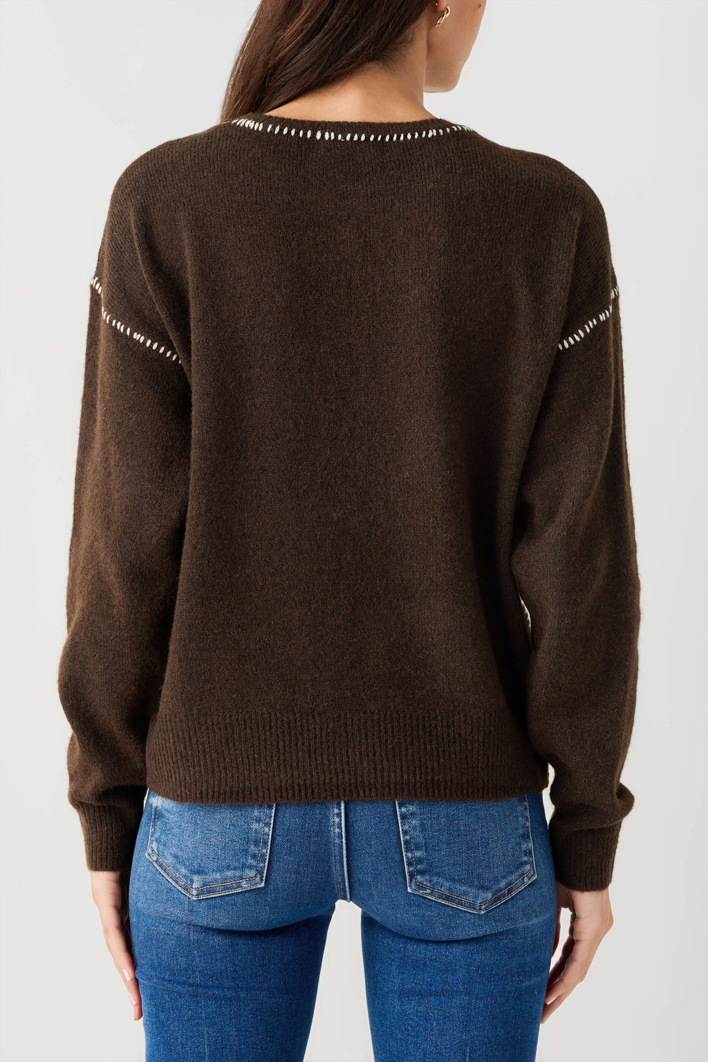 Brown crewneck sweater with contrast stitch on shoulders and neckline