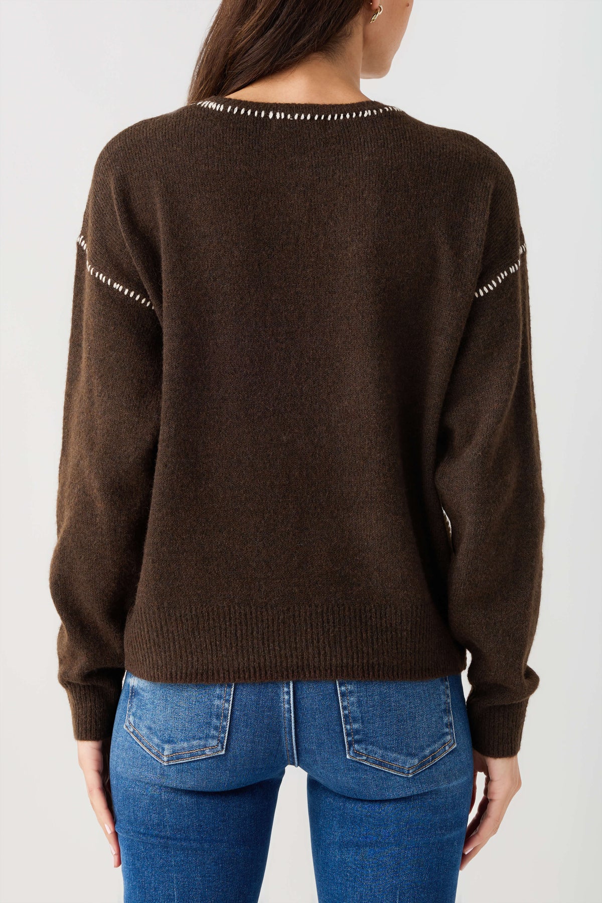 Brown crewneck sweater with contrast stitch on shoulders and neckline