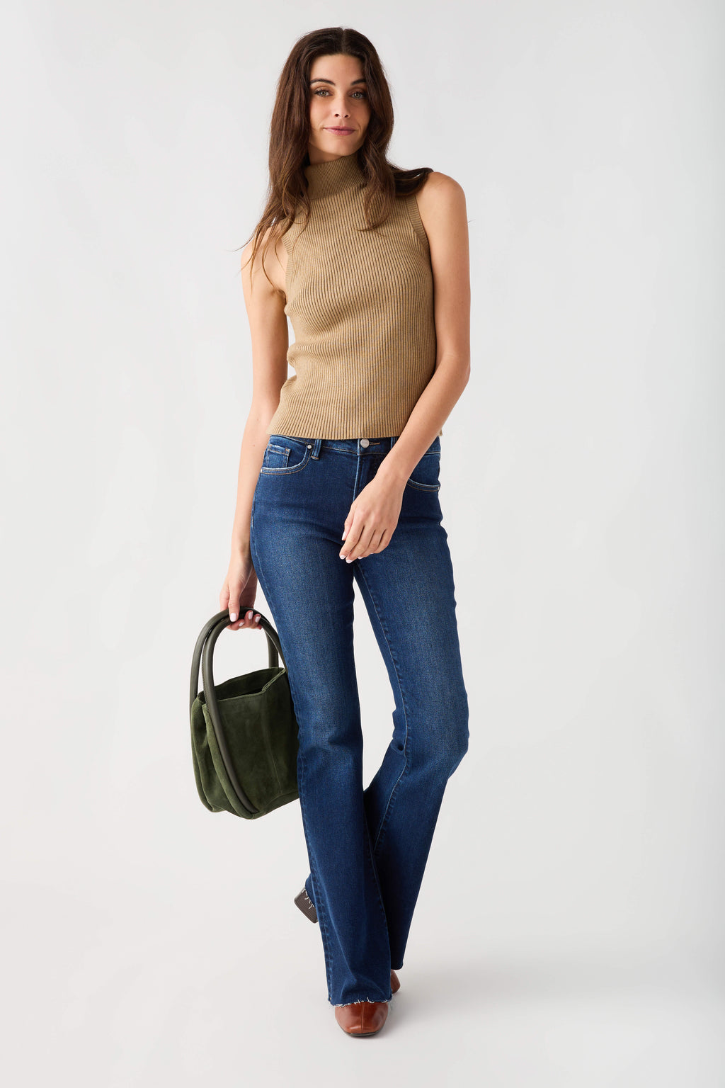 Olive bucket bag with short handles and soft rounded silhouette