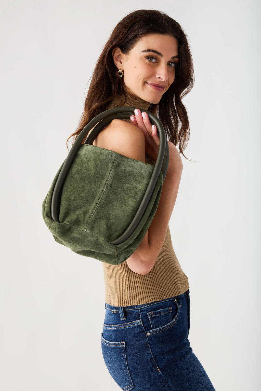 Olive bucket bag with rolled handles and front pocket