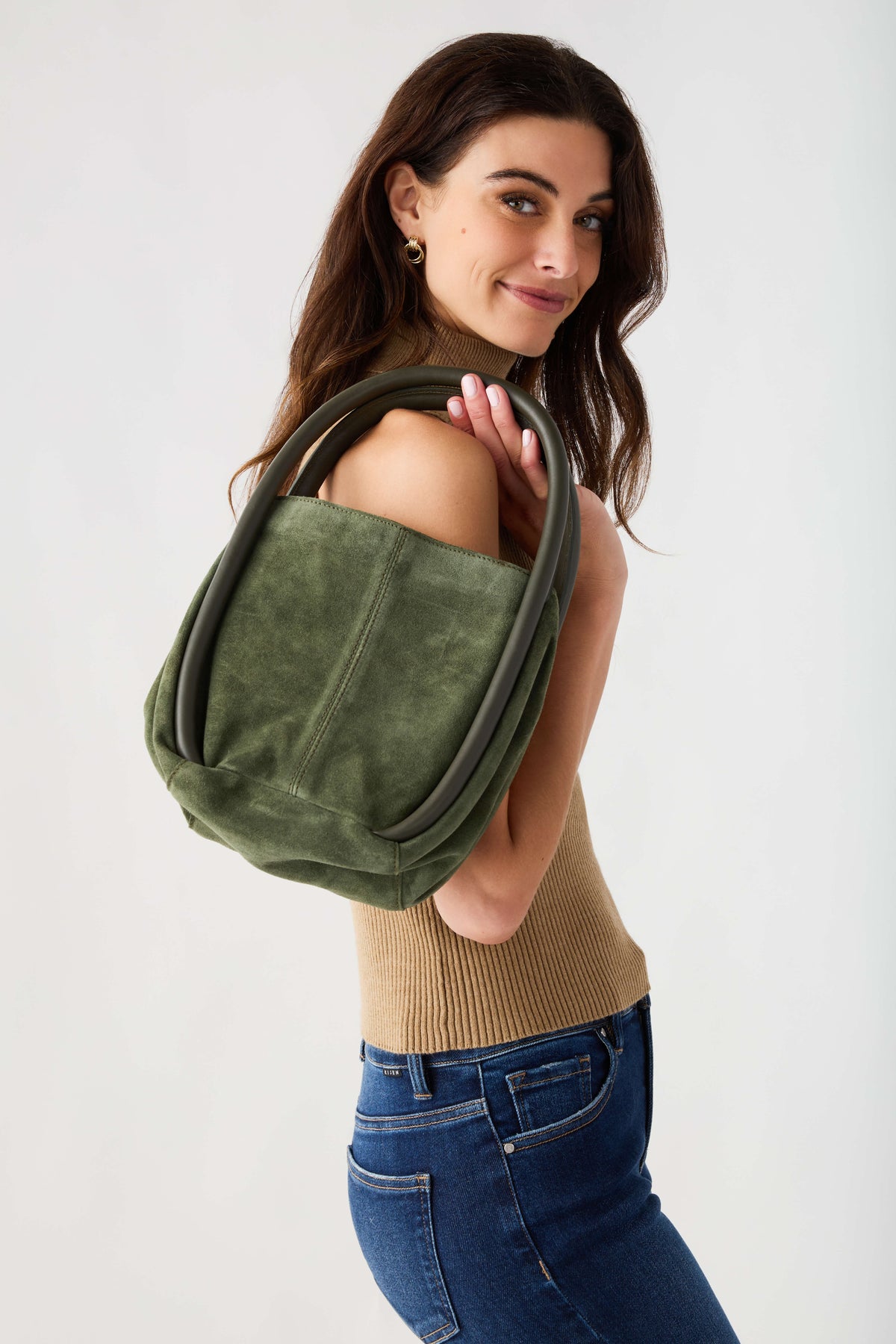 Olive bucket bag with rolled handles and front pocket