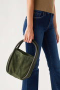 Olive bucket bag with rounded handles, front pocket visible