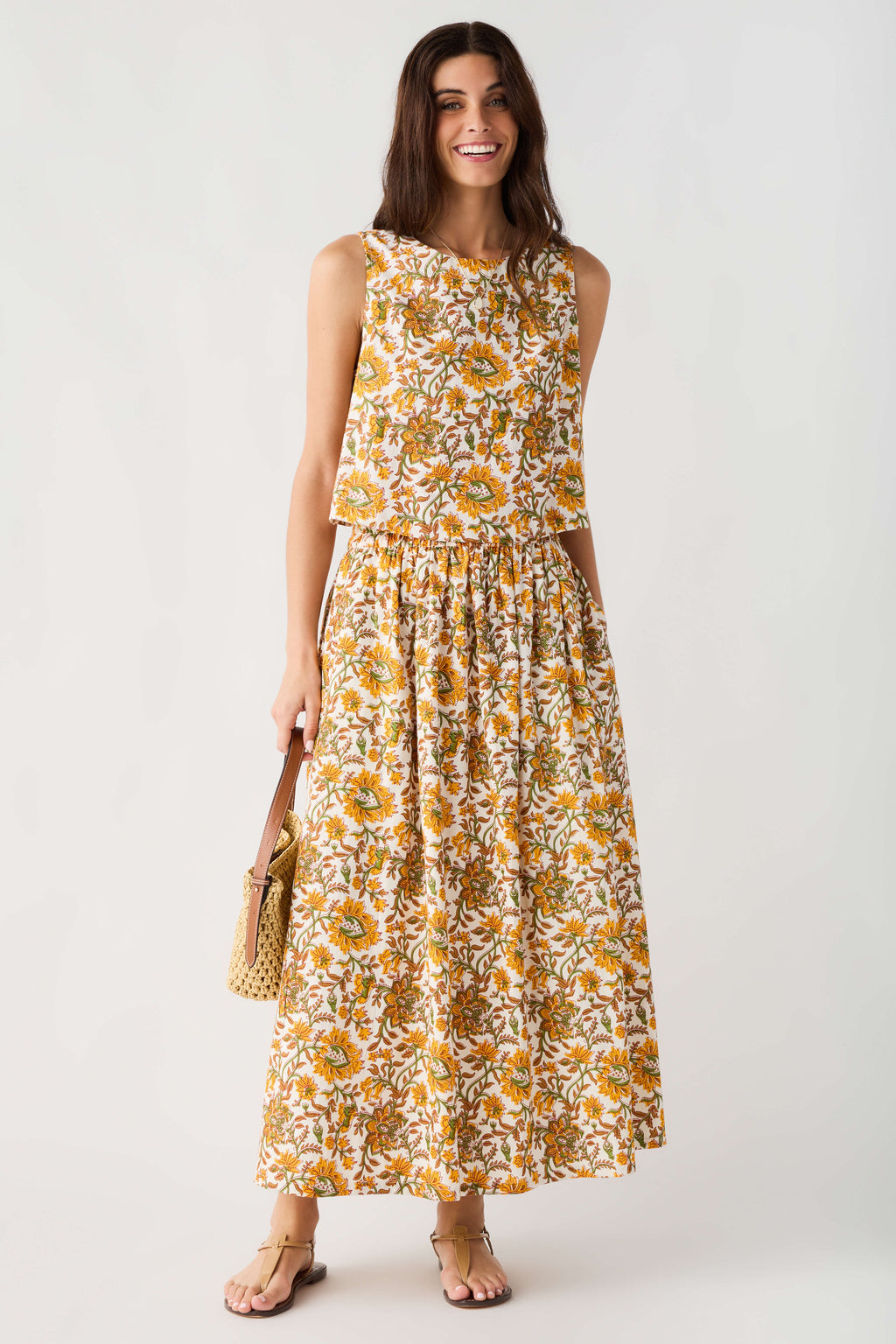 Yellow green floral maxi skirt with elastic waist, sleeveless top with gathered hem