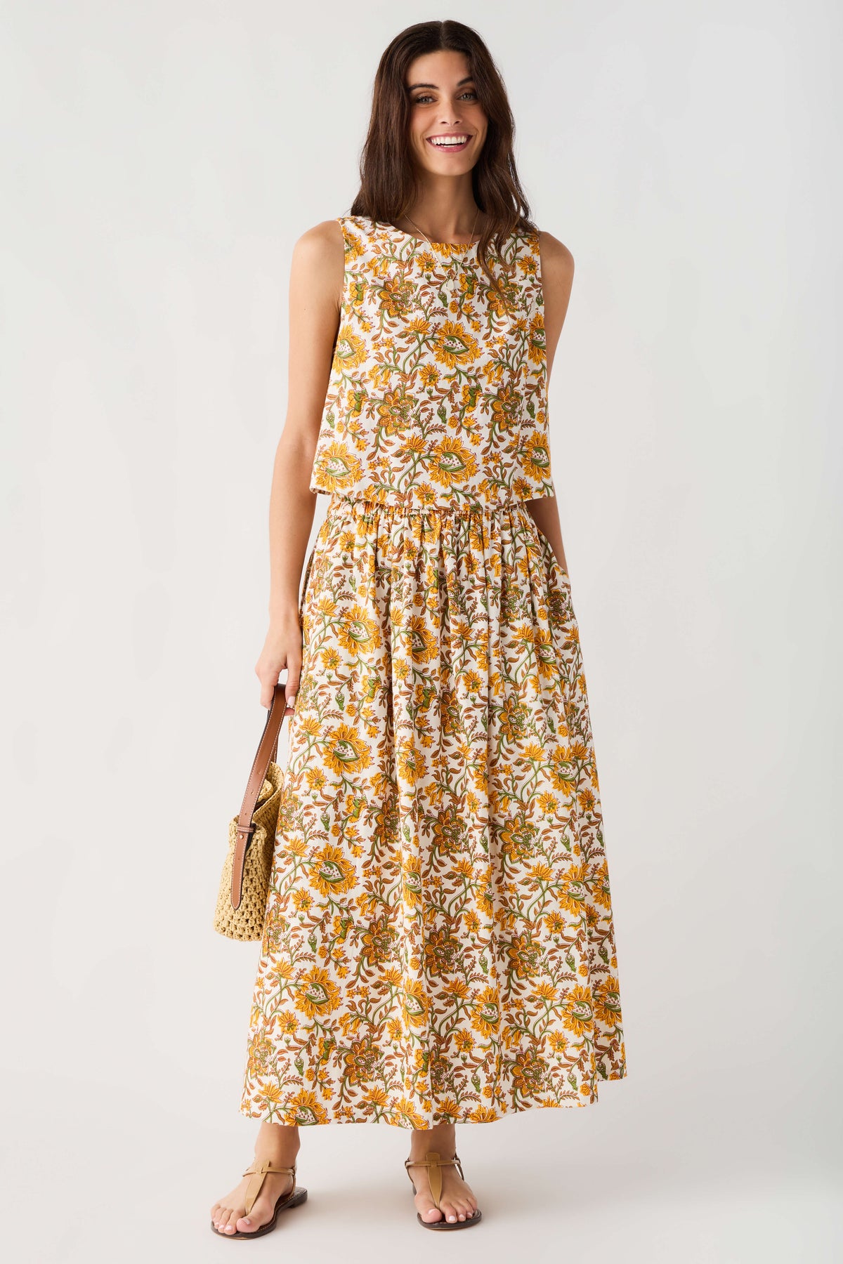 Yellow green floral maxi skirt with elastic waist, sleeveless top with gathered hem