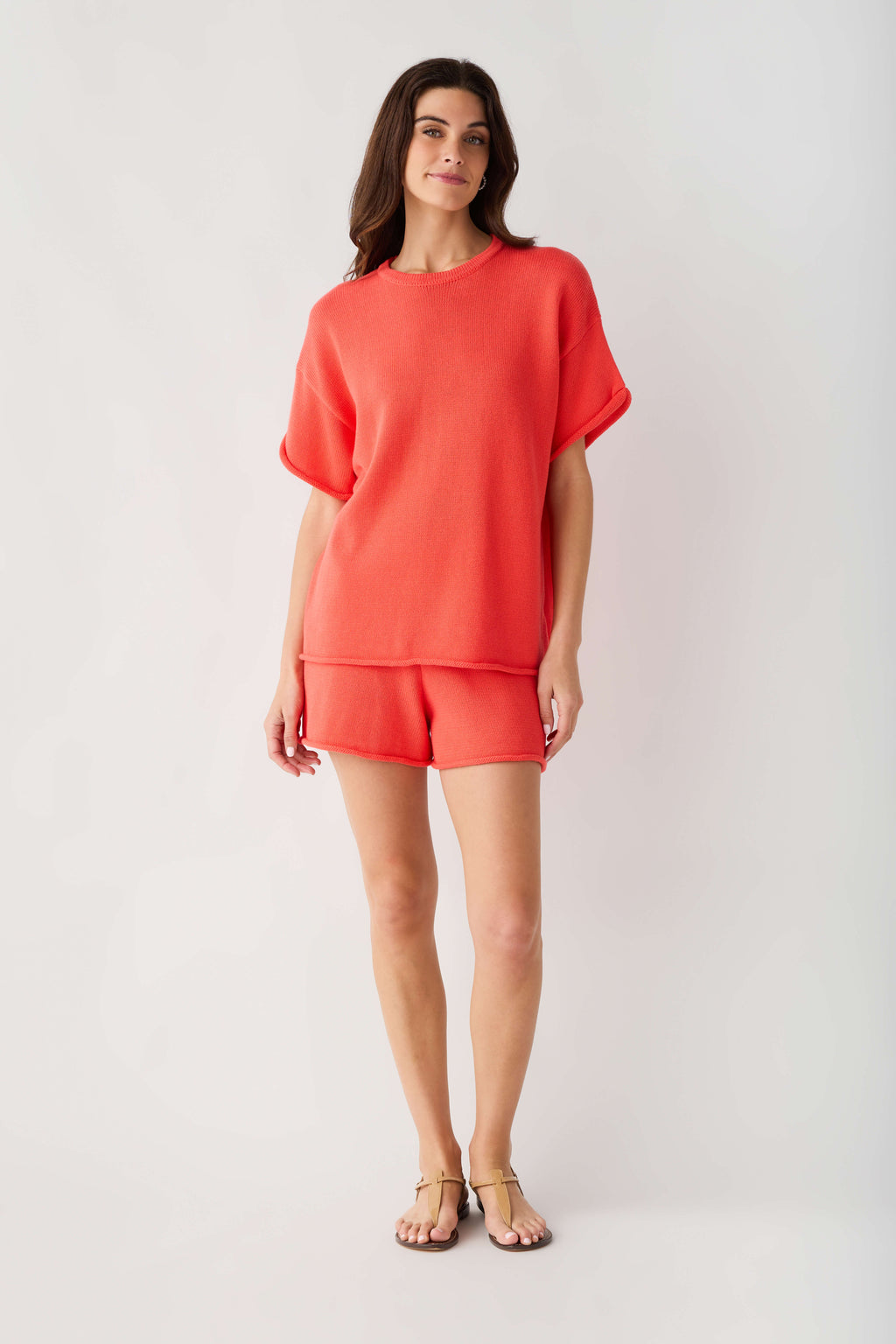 Papaya raw-edge sweater top and shorts set, crewneck pullover with matching short bottoms
