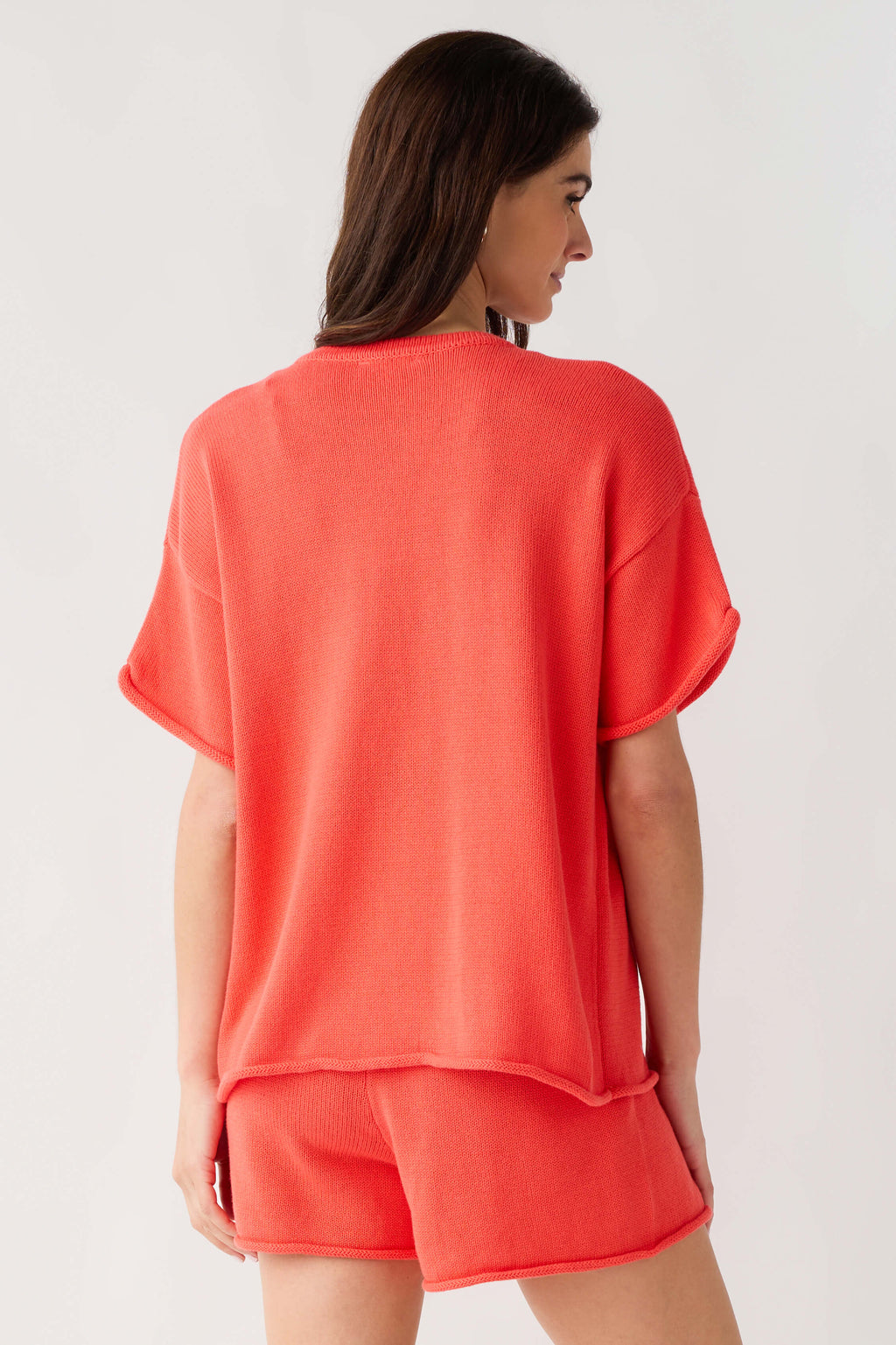 Papaya raw-edge sweater top and shorts set, back view of pullover with matching shorts