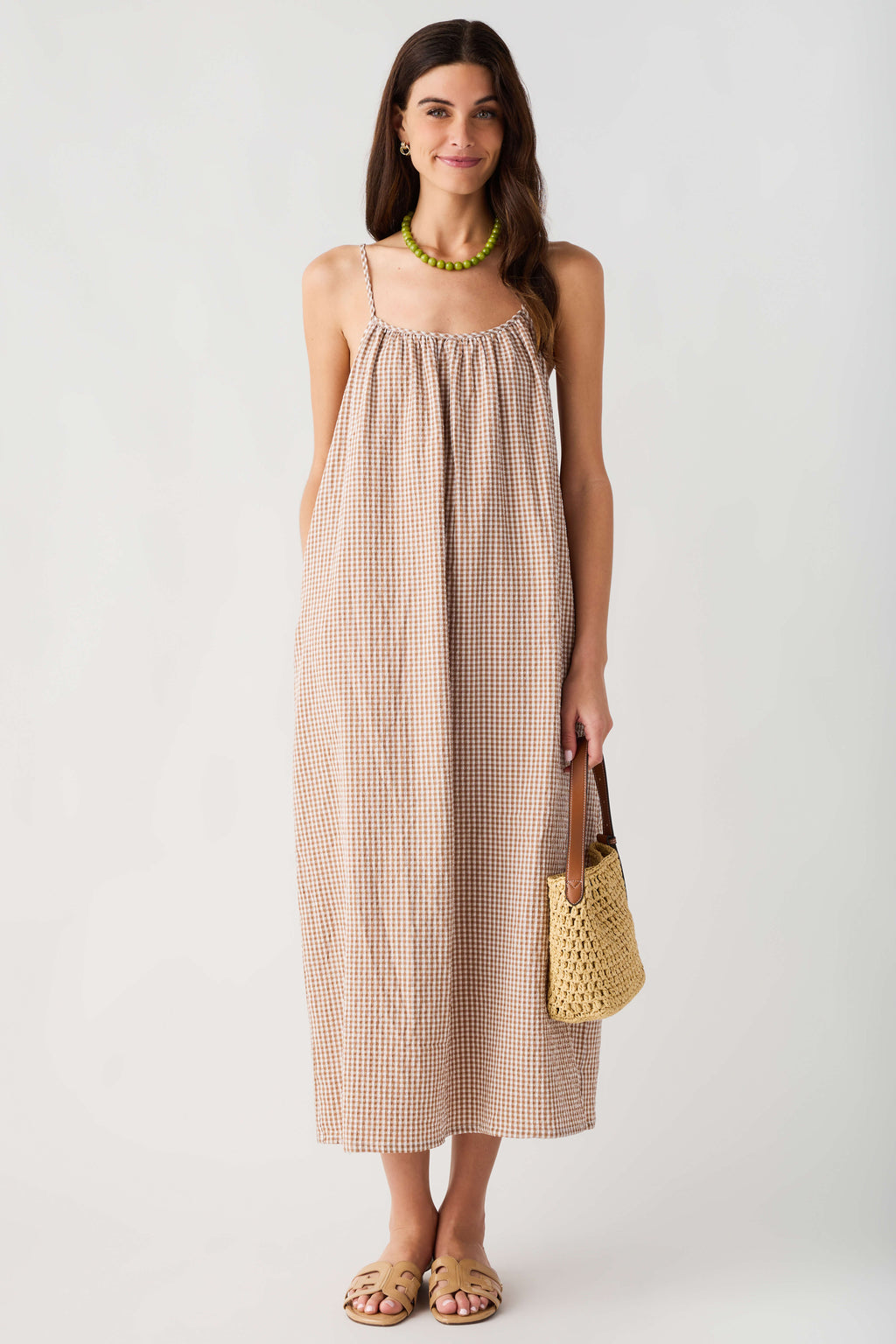 Camel-and-cream gingham cami midi dress with adjustable straps and smocked bodice