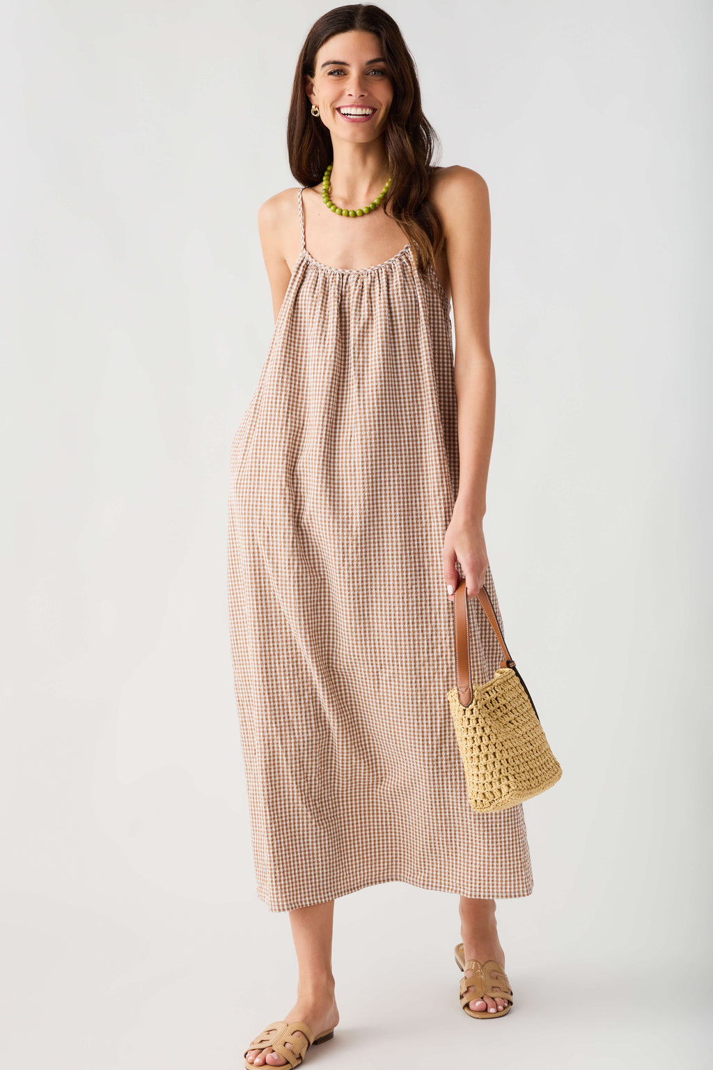 Camel-and-cream gingham cami midi dress with gathered neckline and adjustable straps