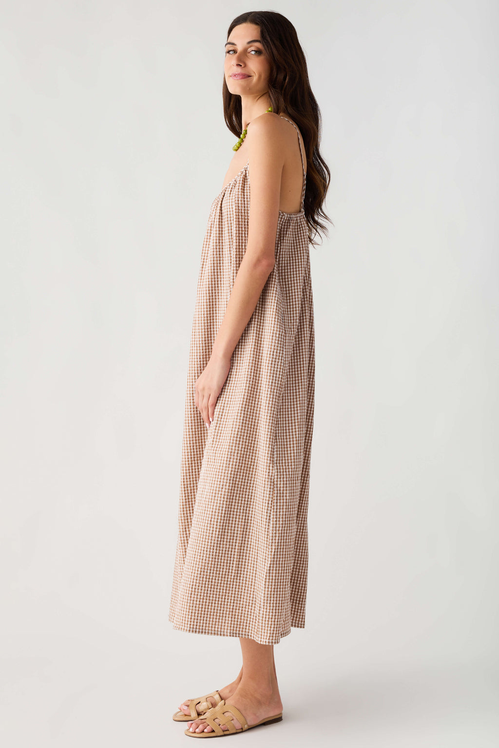 Camel-and-cream gingham cami midi dress, sleeveless with gathered neckline