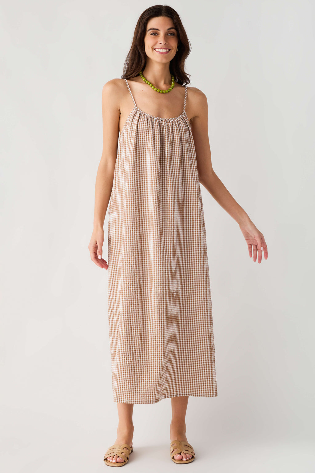 Camel-and-cream gingham cami midi dress with smocked bodice and flowing skirt