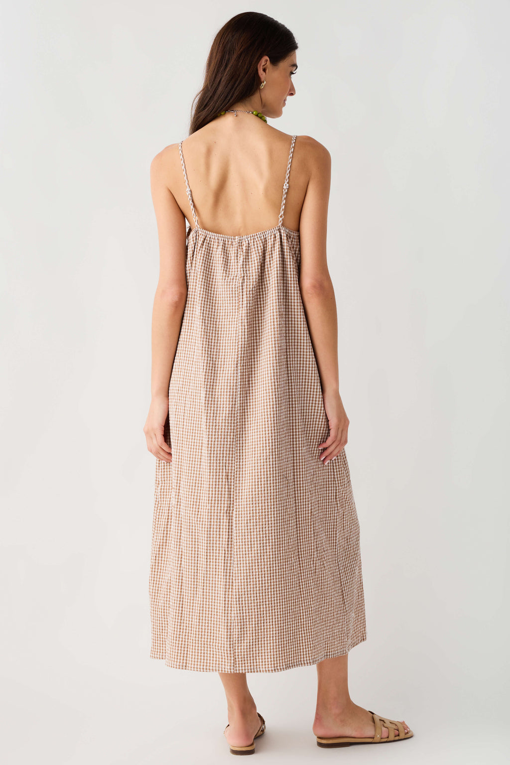 Open-back camel-and-cream gingham cami midi dress with adjustable straps