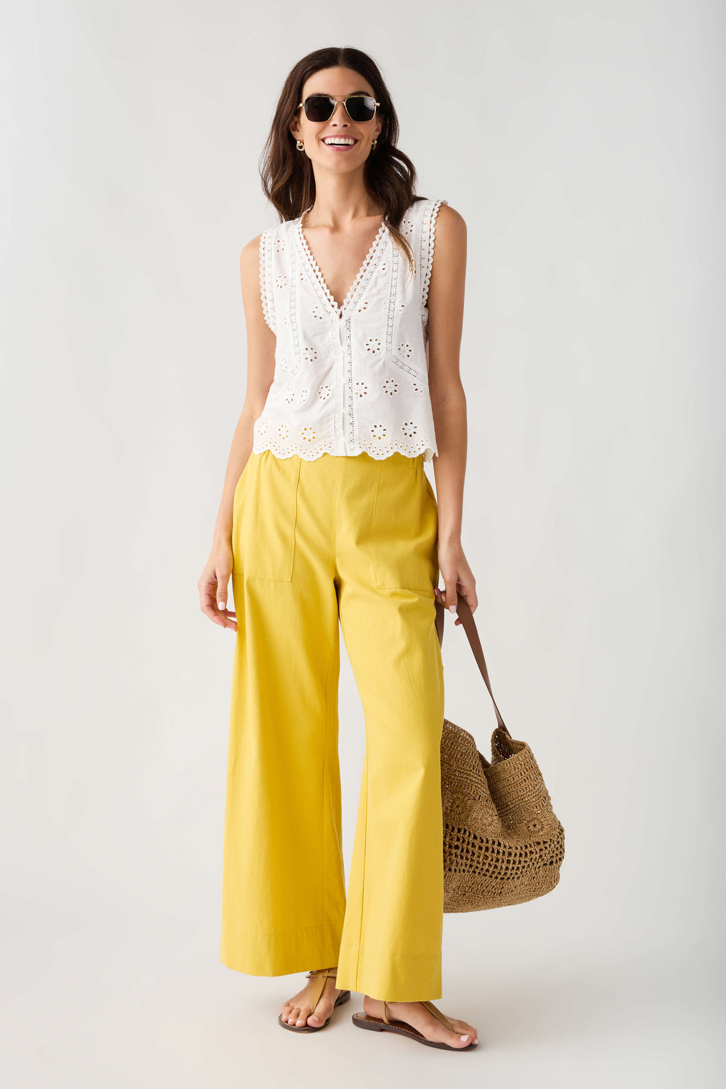 Mustard yellow wide-leg pull-on trousers, elastic waistband