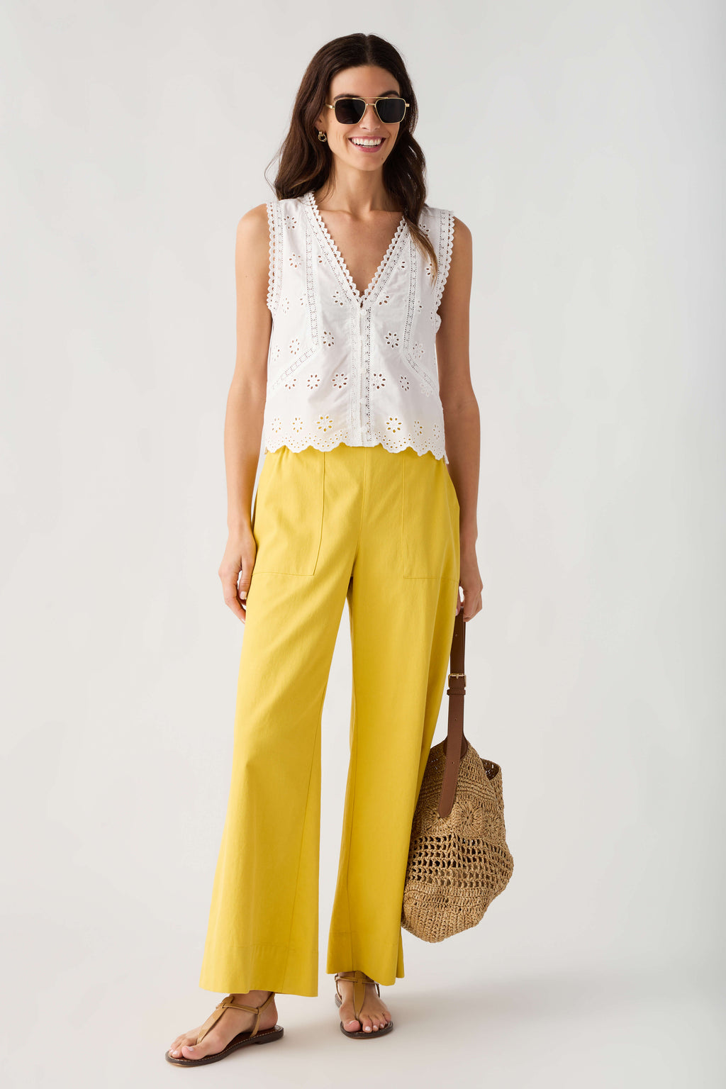 Mustard yellow wide-leg trousers with elastic waist and relaxed fit