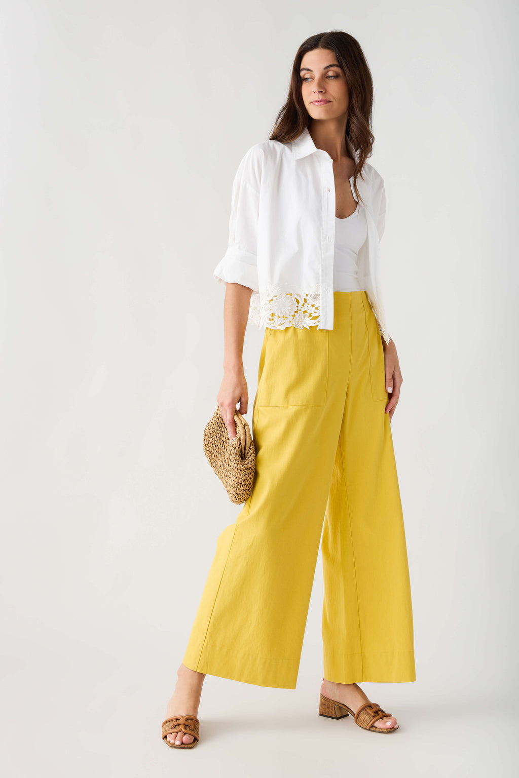 Mustard yellow wide-leg trousers with elastic waistband, ankle length
