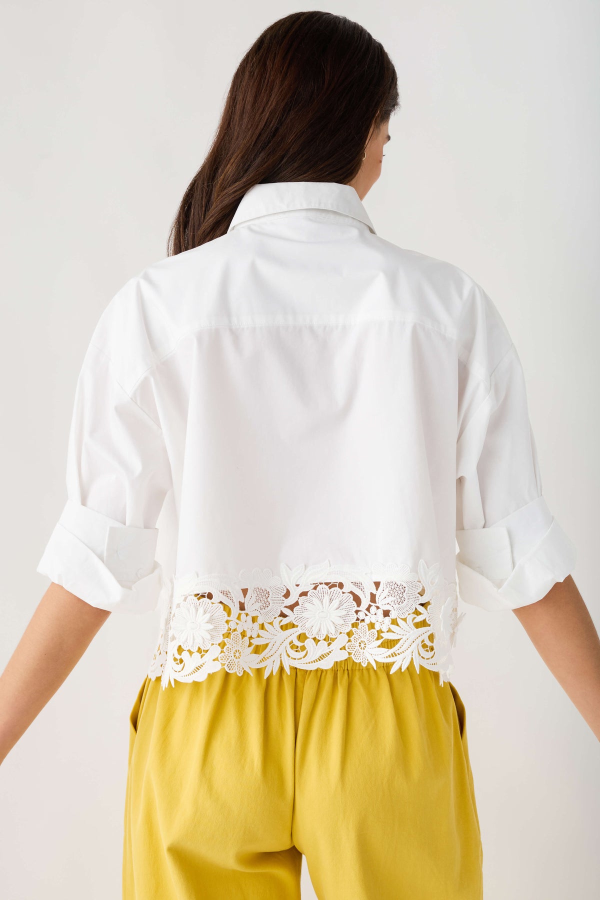White poplin button-front top, back yoke with lace hem detail