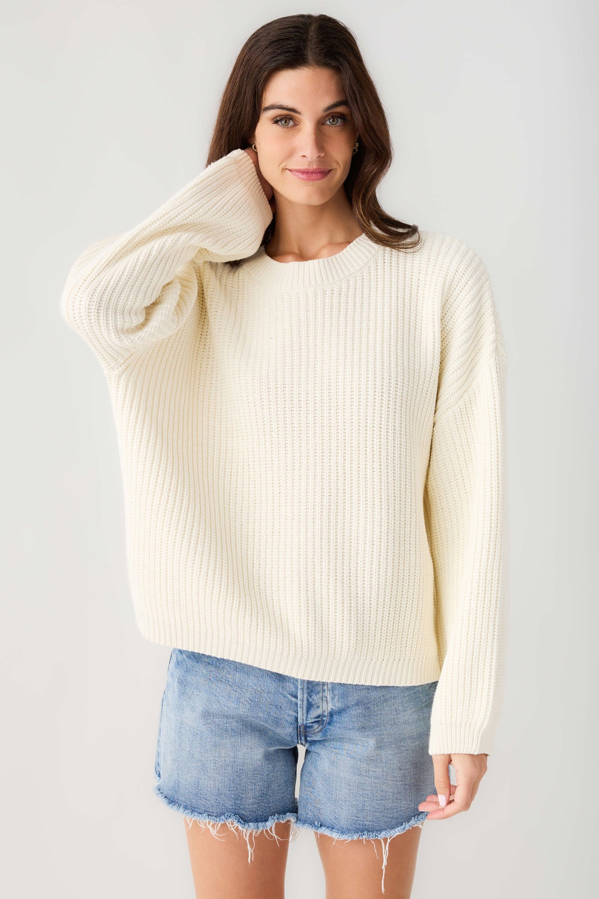 Cream ribbed knit pullover top, wide sleeves and crew neckline