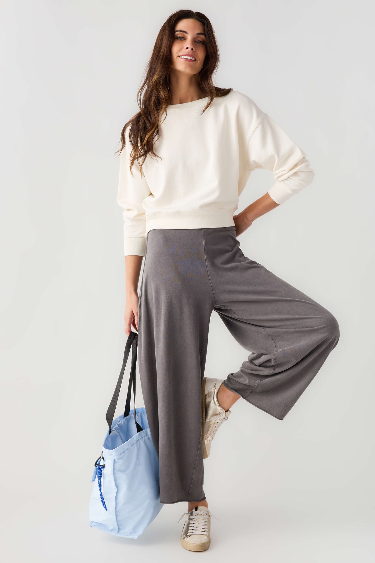 Women’s dark gray wide-leg easy pants with draped fabric and elastic waist