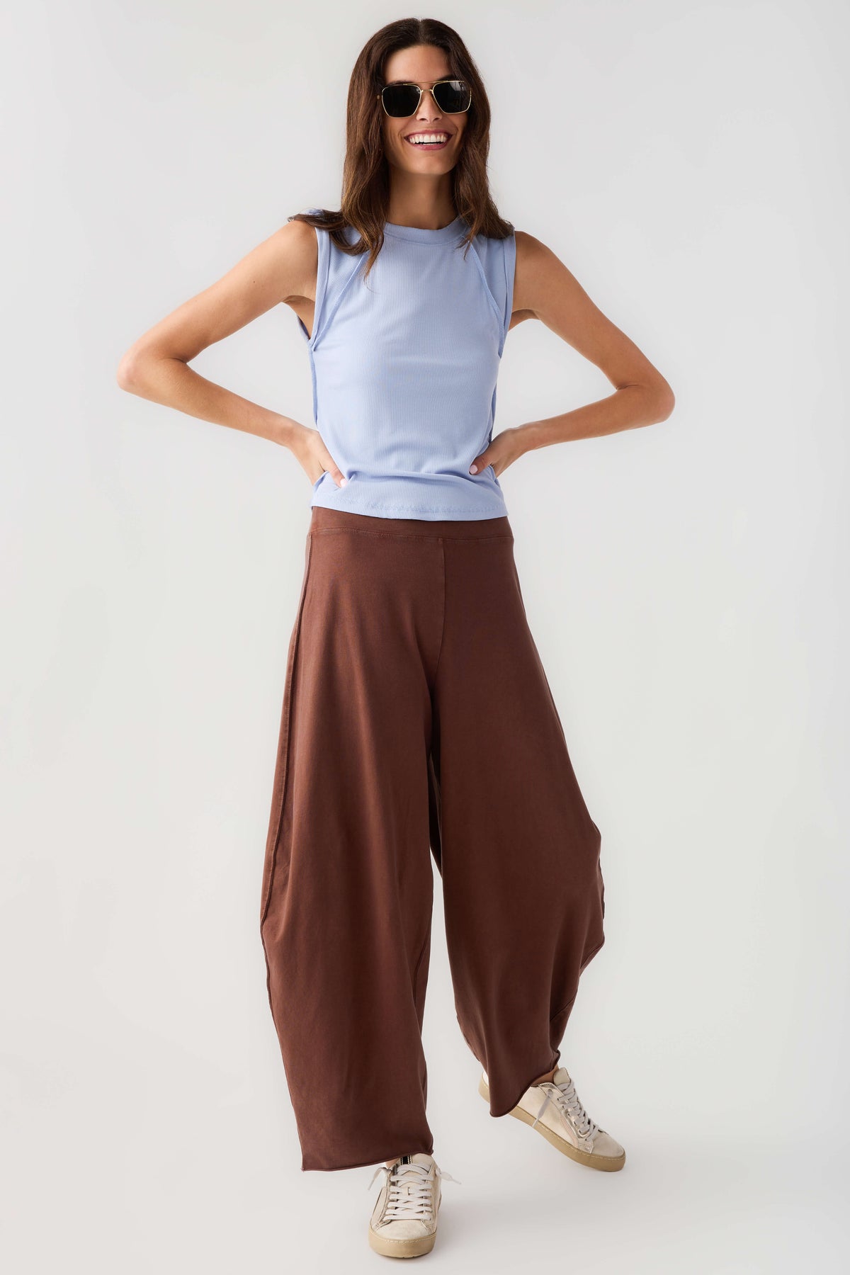 Women’s brown wide-leg easy pants with elastic waist and loose, flowing legs