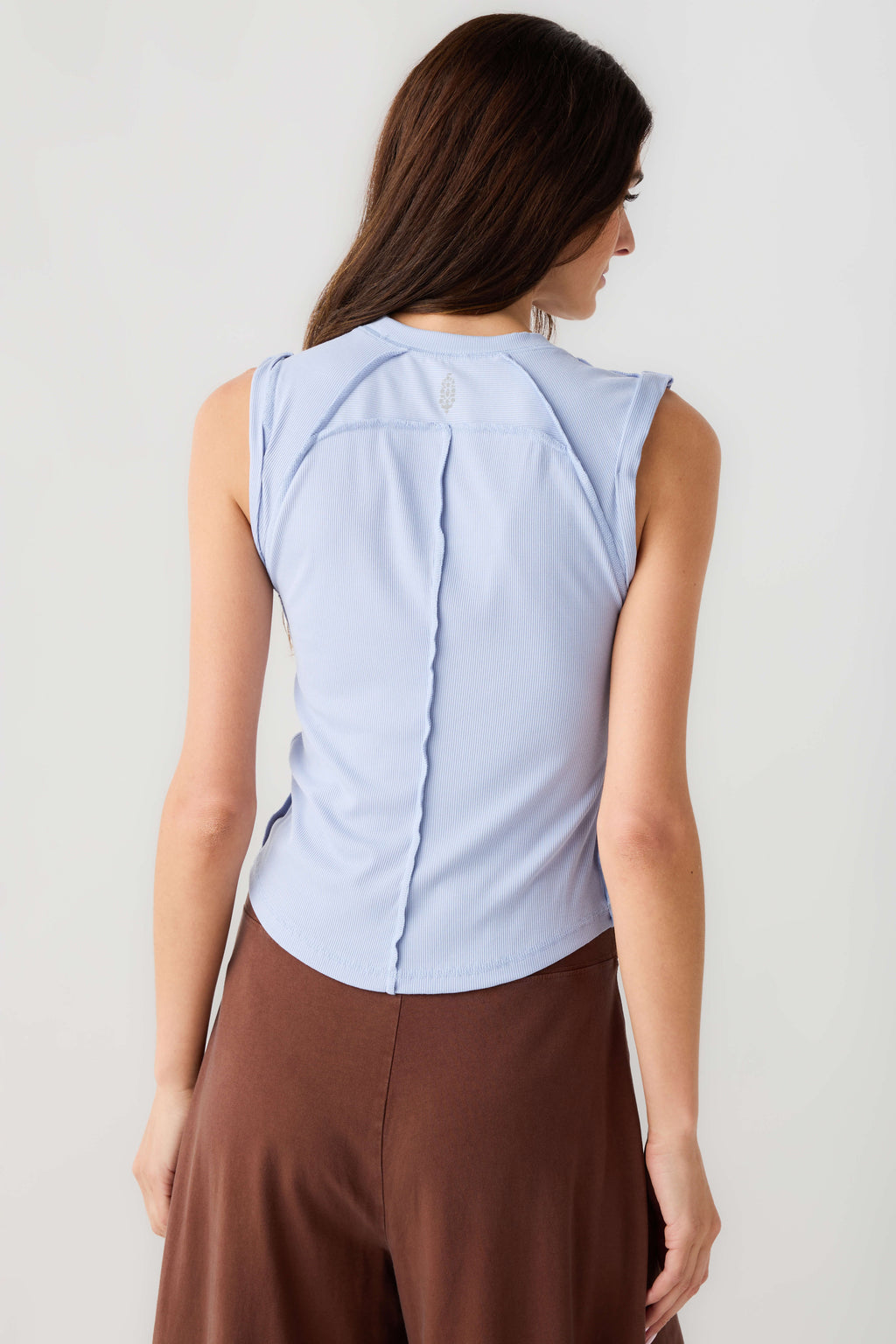 Light blue muscle tank with racerback and curved back seam detail