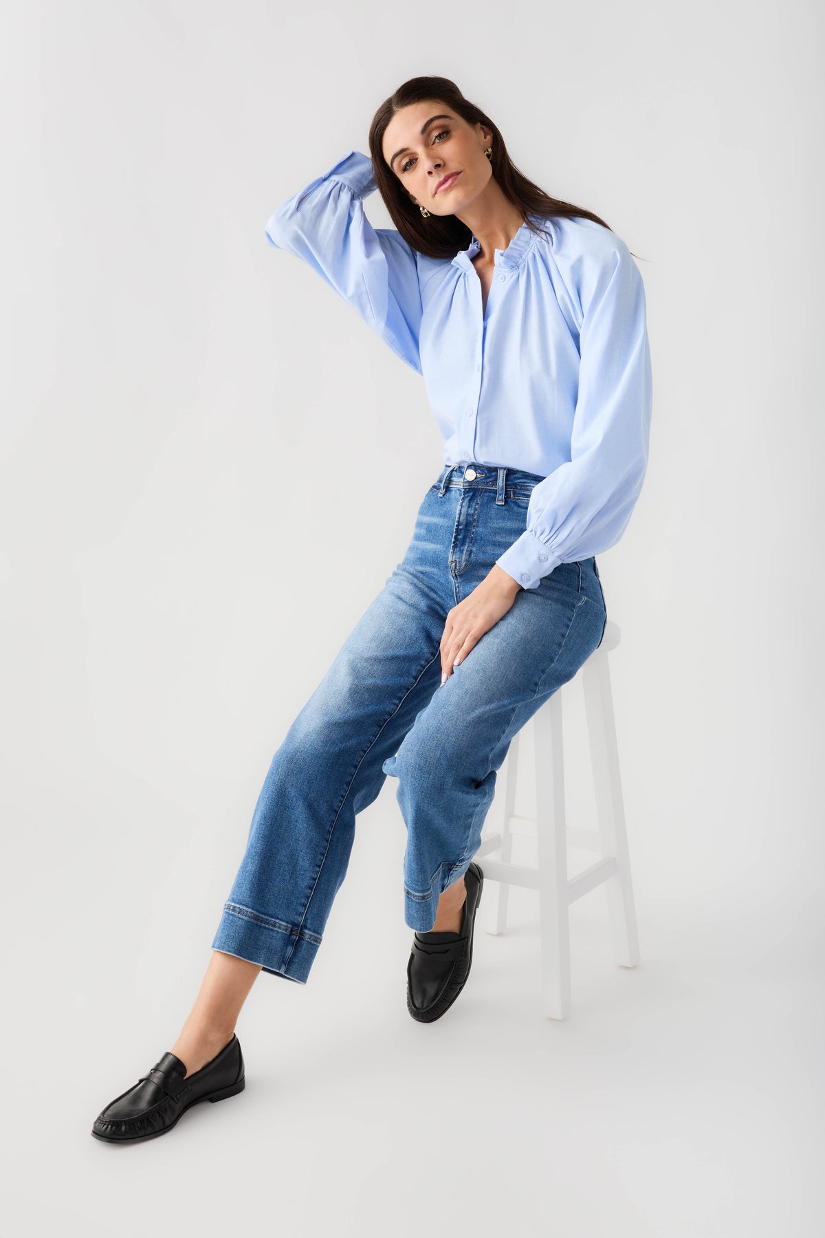 Light blue ruffle button-down blouse with button front, gathered neckline, balloon sleeves