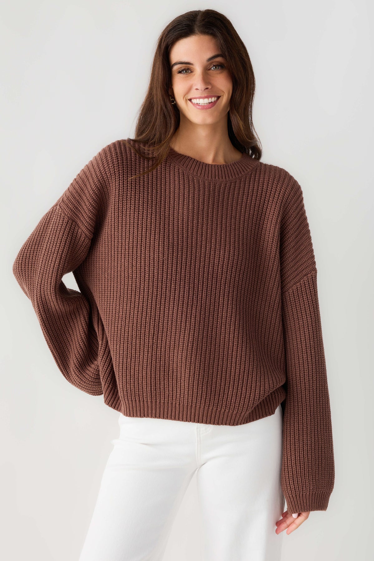 Chocolate knit pullover top, front view with ribbed texture and crew neck
