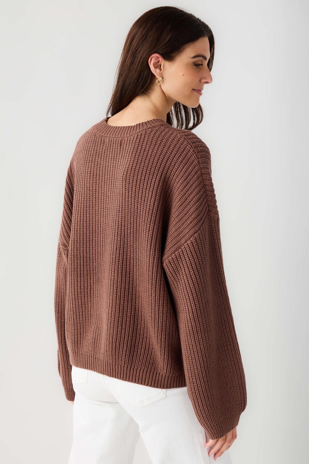 Chocolate knit pullover top with crew neck, long sleeves, ribbed hem and cuffs