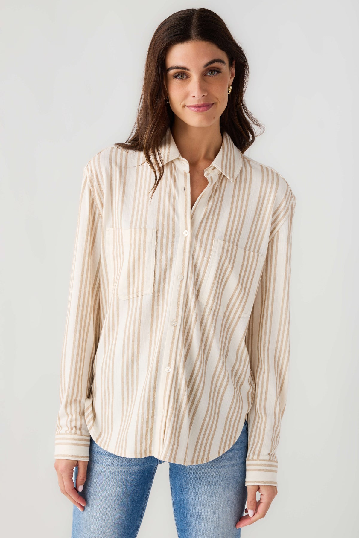 Cream and tan striped button-up shirt with long sleeves and front buttons