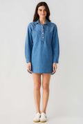 Blue denim shirt dress with point collar, button front and chest pocket, long sleeves.