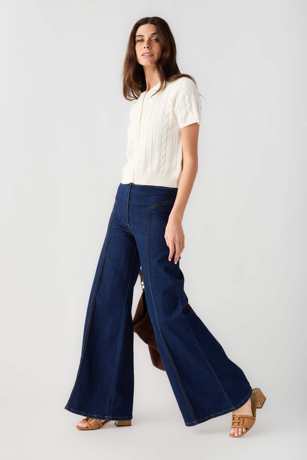 Off-white cable-knit short-sleeve cardigan with button-front placket