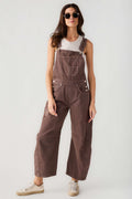 Chocolate brown denim overalls with bib front, chest pockets, and side hand pockets